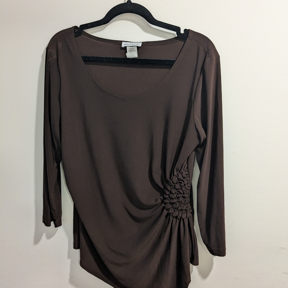 Chic Brown Long Sleeve Women's Top with Gathered Detail